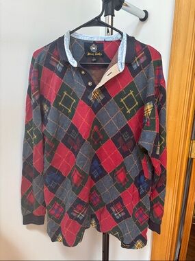 Vintage Johnny Lambs Argyle-Pattern Long Sleeve Polo in Red and Gray
